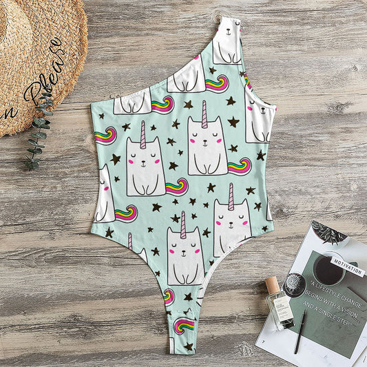 Cute Unicorn Cat Pattern Print One Shoulder Bodysuit