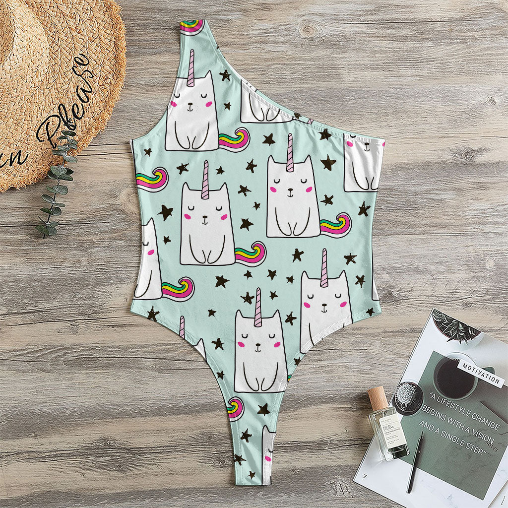 Cute Unicorn Cat Pattern Print One Shoulder Bodysuit