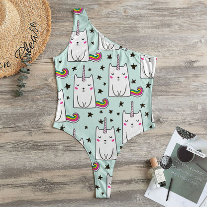 Cute Unicorn Cat Pattern Print One Shoulder Bodysuit
