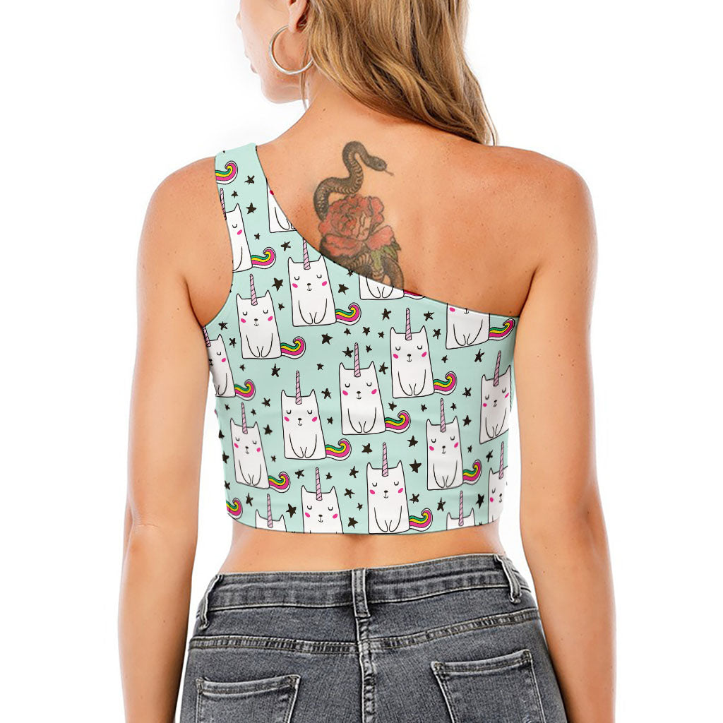 Cute Unicorn Cat Pattern Print One Shoulder Crop Top