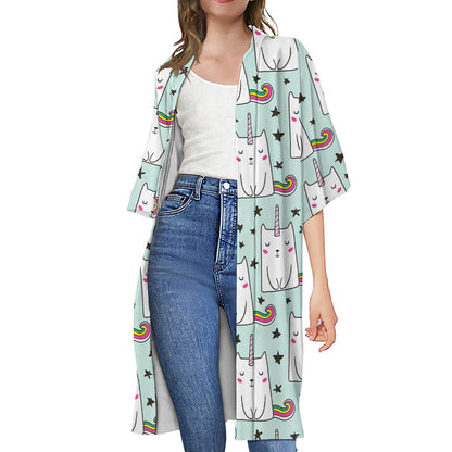 Cute Unicorn Cat Pattern Print Open Front Beach Cover Up