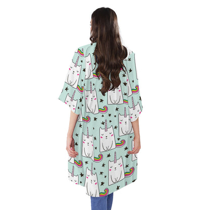 Cute Unicorn Cat Pattern Print Open Front Beach Cover Up