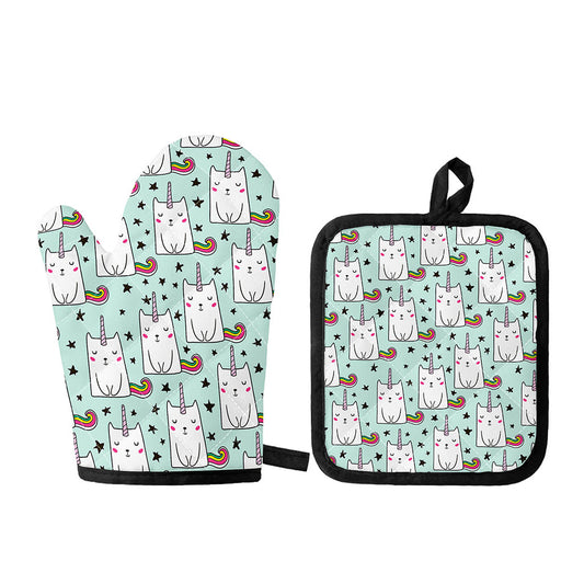 Cute Unicorn Cat Pattern Print Oven Mitt And Pot Holder Set