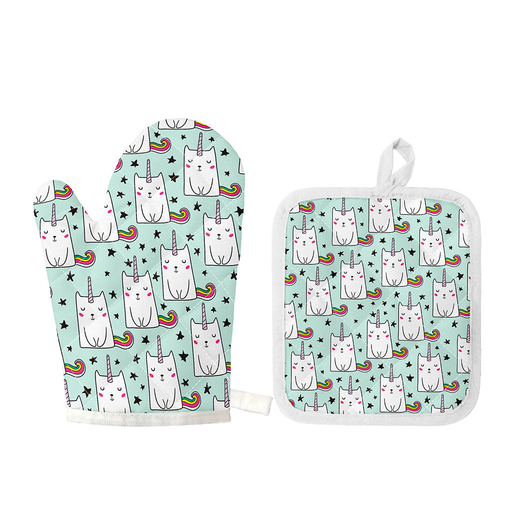 Cute Unicorn Cat Pattern Print Oven Mitt And Pot Holder Set
