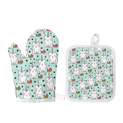 Cute Unicorn Cat Pattern Print Oven Mitt And Pot Holder Set