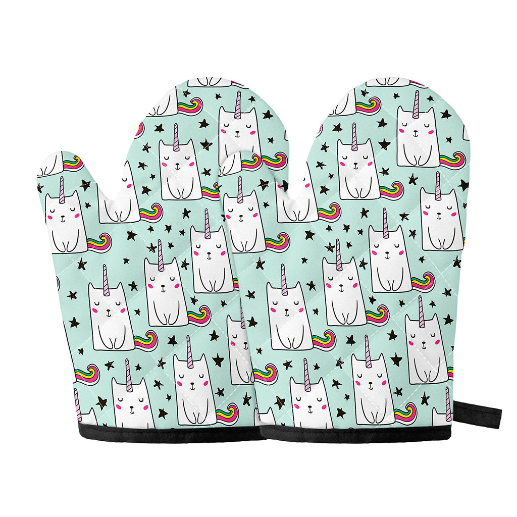 Cute Unicorn Cat Pattern Print Oven Mitts