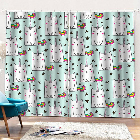 Cute Unicorn Cat Pattern Print Pencil Pleat Curtains