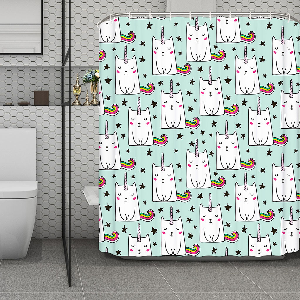Cute Unicorn Cat Pattern Print Polyester Shower Curtain