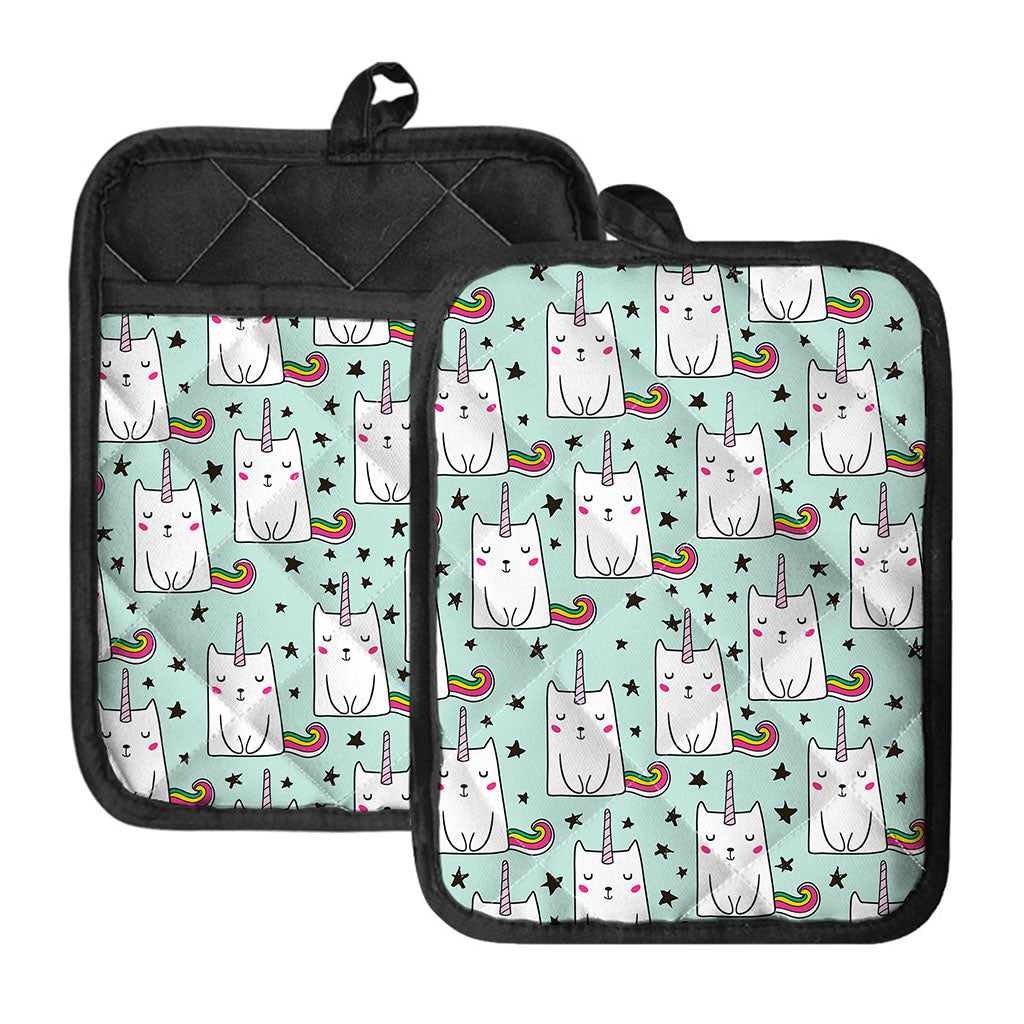 Cute Unicorn Cat Pattern Print Pot Holders With Pocket