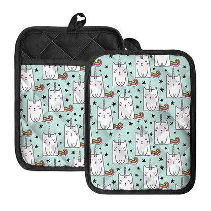 Cute Unicorn Cat Pattern Print Pot Holders With Pocket