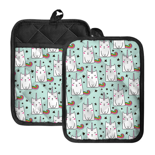 Cute Unicorn Cat Pattern Print Pot Holders With Pocket