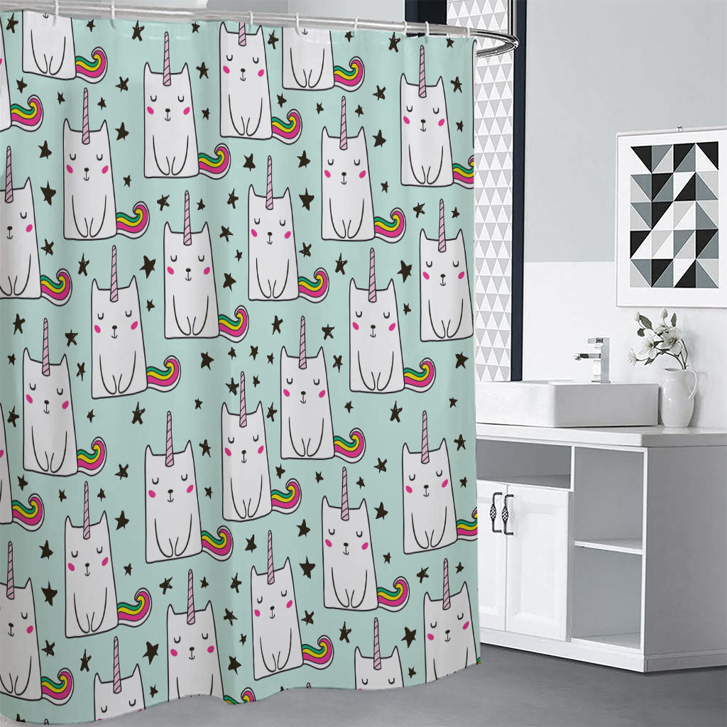 Cute Unicorn Cat Pattern Print Premium Shower Curtain