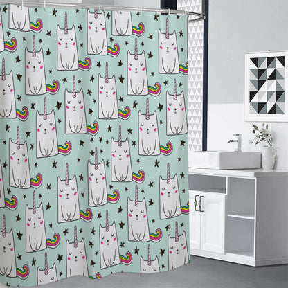 Cute Unicorn Cat Pattern Print Premium Shower Curtain