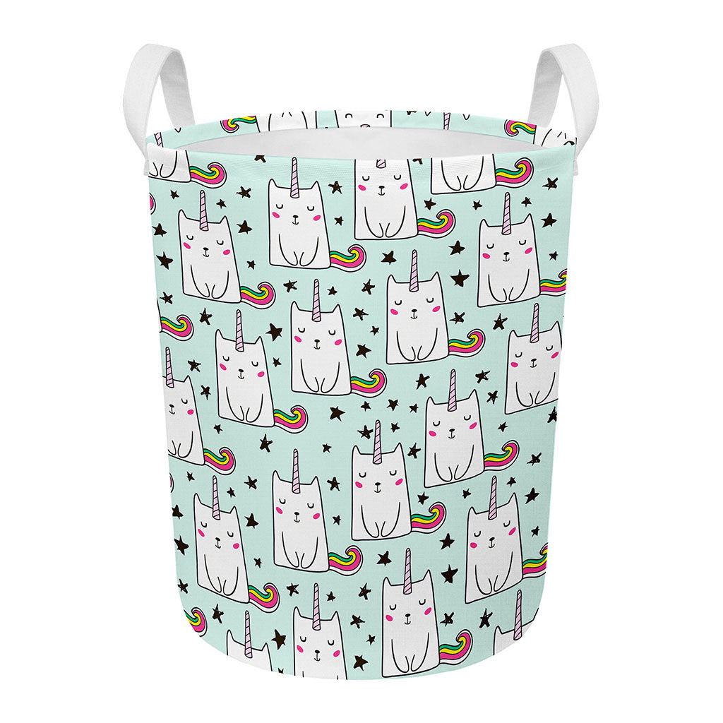Cute Unicorn Cat Pattern Print Round Laundry Basket