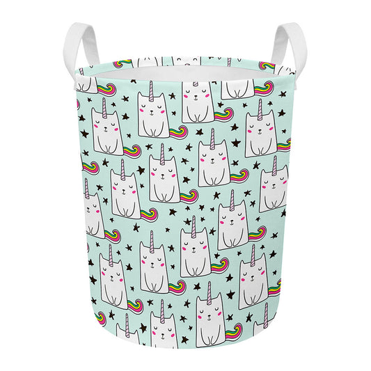 Cute Unicorn Cat Pattern Print Round Laundry Basket