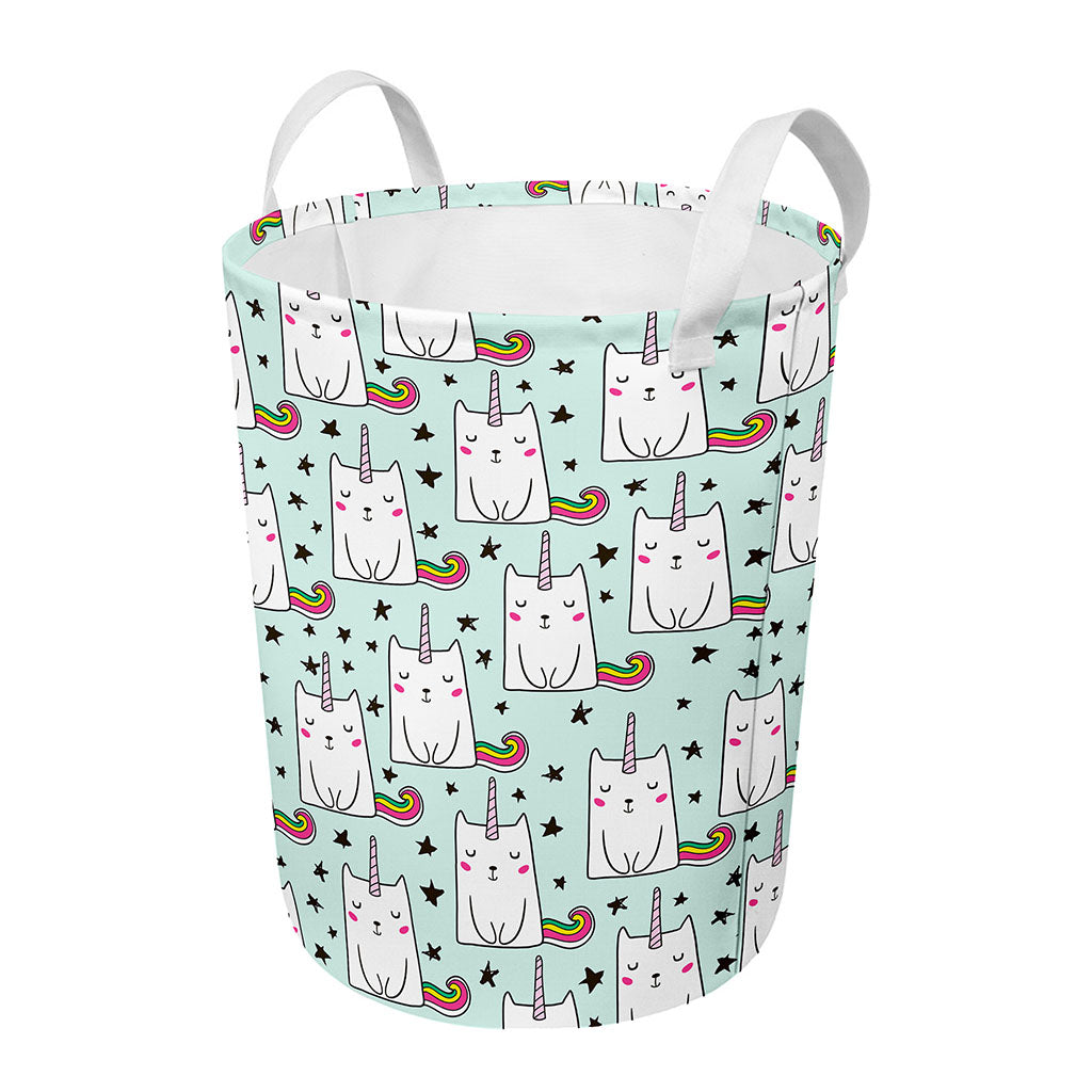 Cute Unicorn Cat Pattern Print Round Laundry Basket