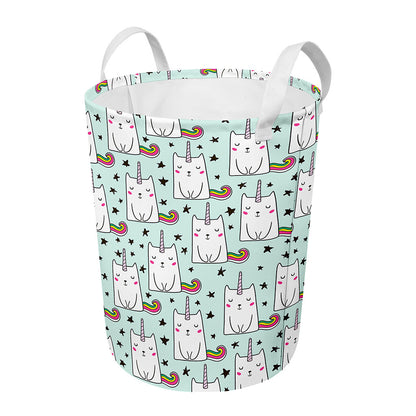 Cute Unicorn Cat Pattern Print Round Laundry Basket
