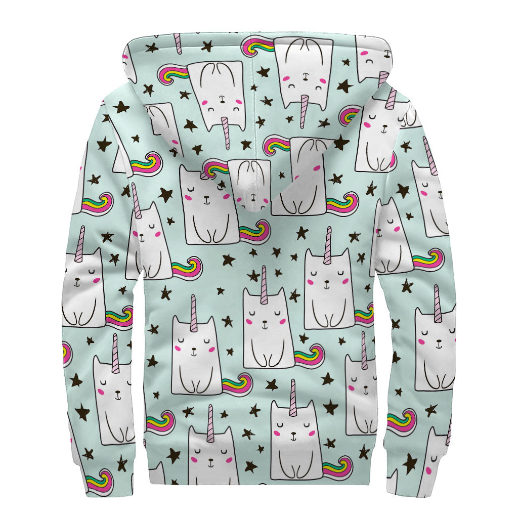 Cute Unicorn Cat Pattern Print Sherpa Lined Zip Up Hoodie
