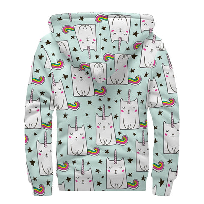 Cute Unicorn Cat Pattern Print Sherpa Lined Zip Up Hoodie
