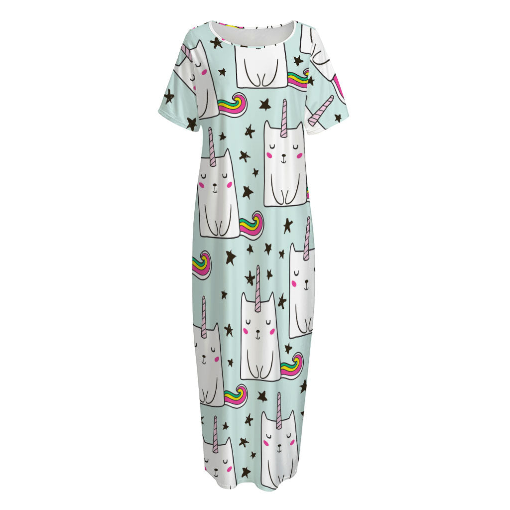Cute Unicorn Cat Pattern Print Short Sleeve Long Nightdress