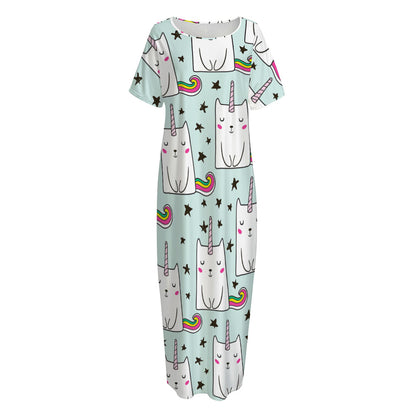 Cute Unicorn Cat Pattern Print Short Sleeve Long Nightdress