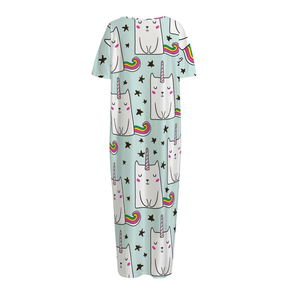 Cute Unicorn Cat Pattern Print Short Sleeve Long Nightdress