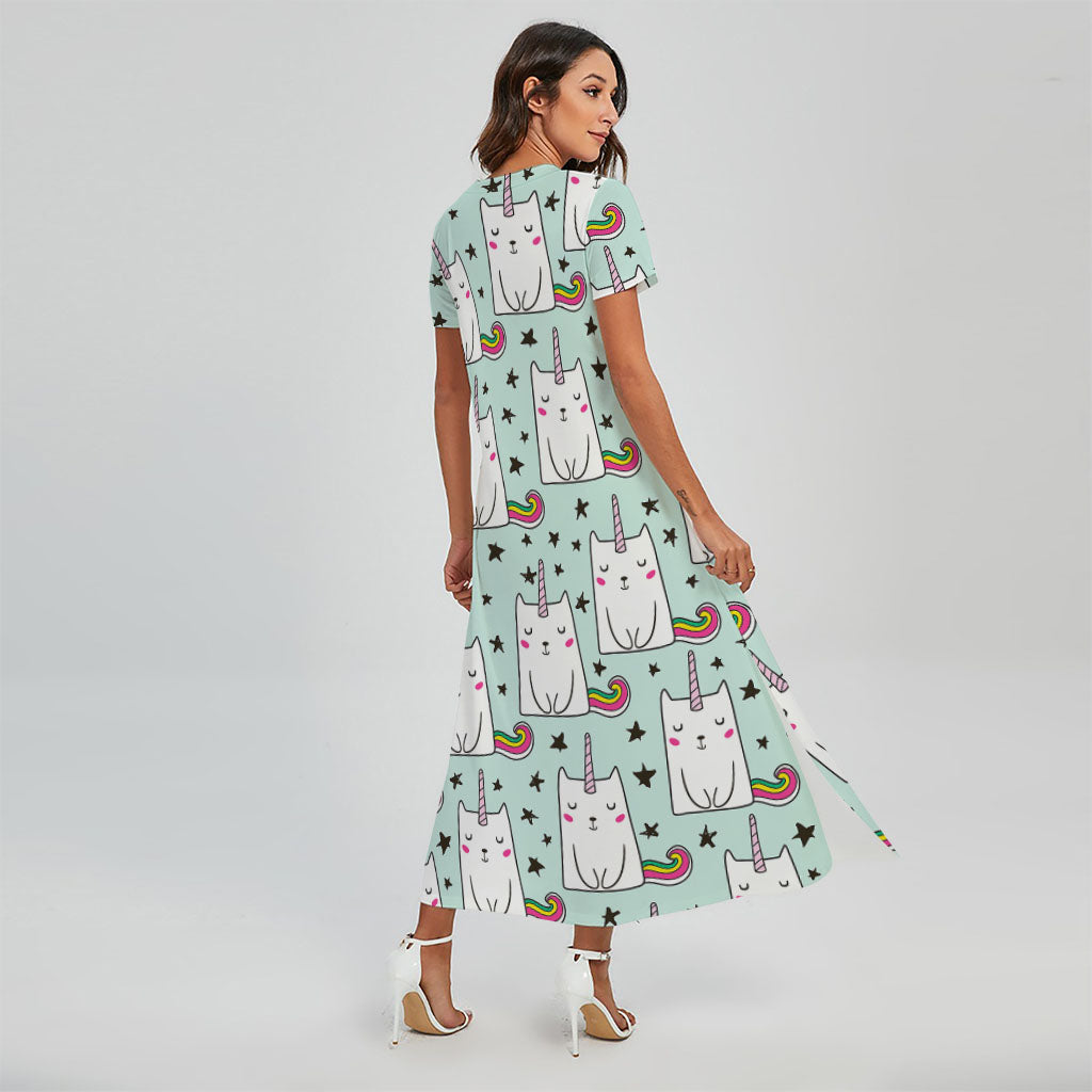 Cute Unicorn Cat Pattern Print Short Sleeve Maxi Dress