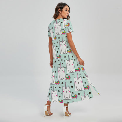 Cute Unicorn Cat Pattern Print Short Sleeve Maxi Dress