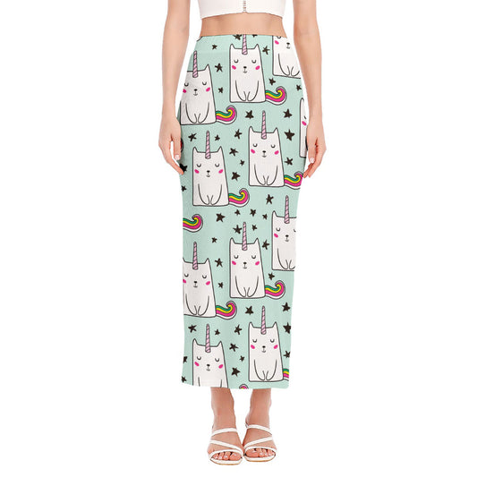 Cute Unicorn Cat Pattern Print Side Slit Maxi Skirt