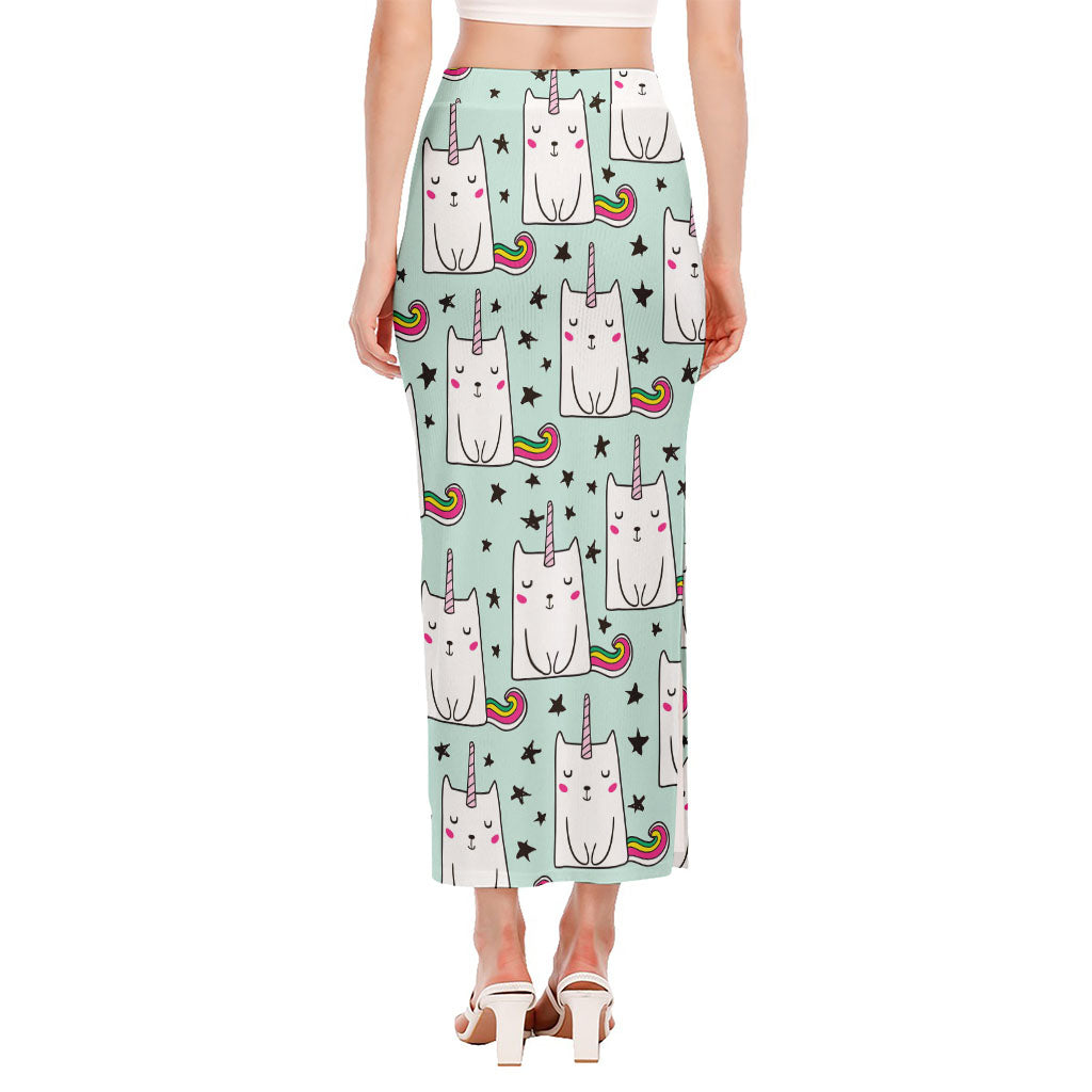 Cute Unicorn Cat Pattern Print Side Slit Maxi Skirt