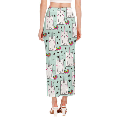 Cute Unicorn Cat Pattern Print Side Slit Maxi Skirt
