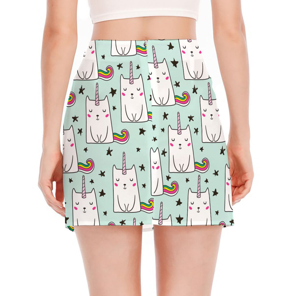 Cute Unicorn Cat Pattern Print Side Slit Mini Skirt
