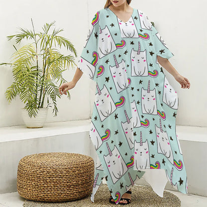 Cute Unicorn Cat Pattern Print Silk V-Neck Kaftan Dress
