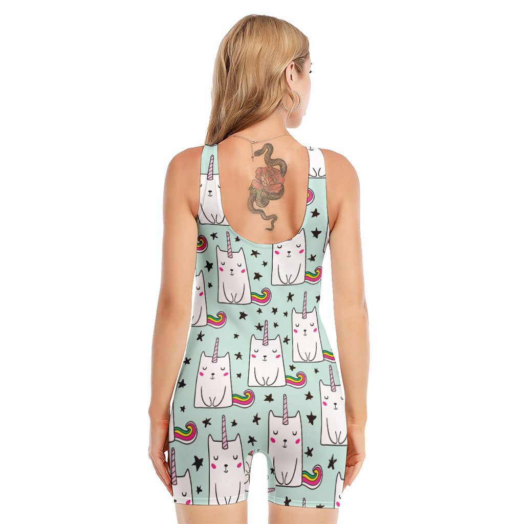 Cute Unicorn Cat Pattern Print Sleeveless One Piece Swimsuit