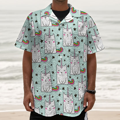 Cute Unicorn Cat Pattern Print Textured Short Sleeve Shirt