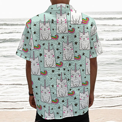 Cute Unicorn Cat Pattern Print Textured Short Sleeve Shirt