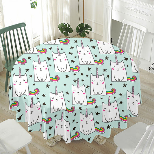 Cute Unicorn Cat Pattern Print Waterproof Round Tablecloth