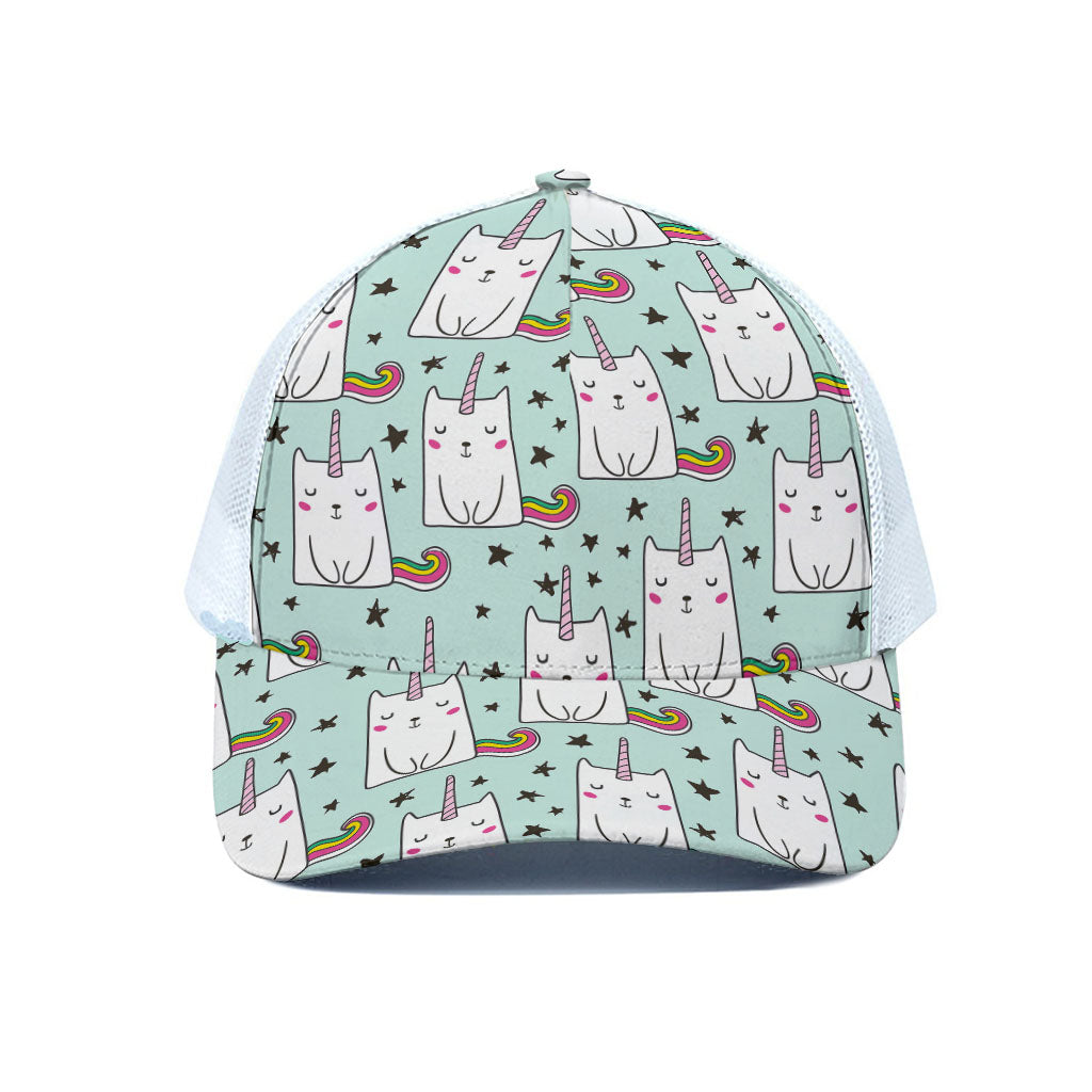 Cute Unicorn Cat Pattern Print White Mesh Trucker Cap
