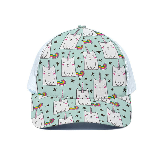 Cute Unicorn Cat Pattern Print White Mesh Trucker Cap