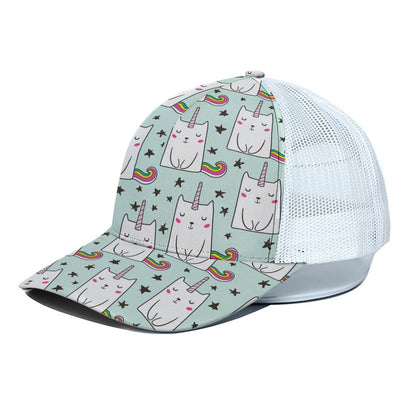 Cute Unicorn Cat Pattern Print White Mesh Trucker Cap
