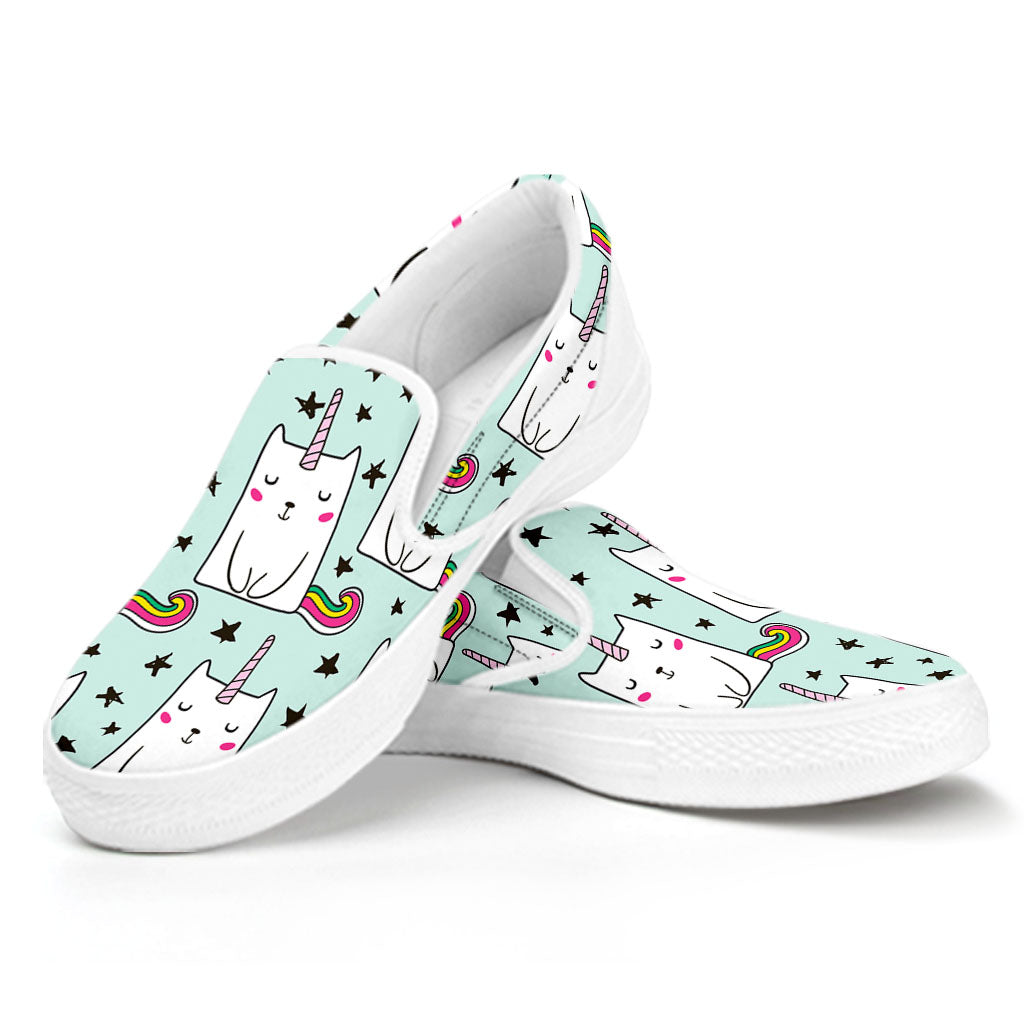 Cute Unicorn Cat Pattern Print White Slip On Sneakers