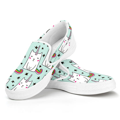 Cute Unicorn Cat Pattern Print White Slip On Sneakers