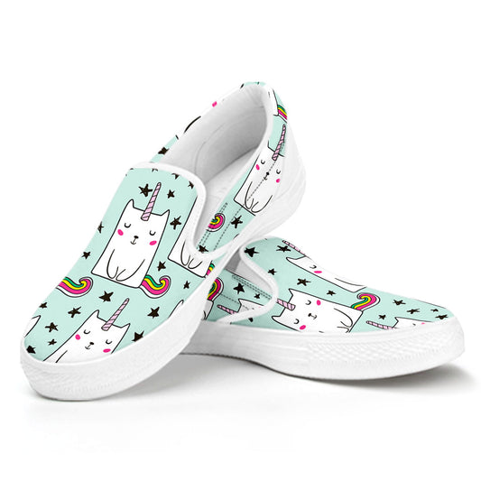 Cute Unicorn Cat Pattern Print White Slip On Sneakers