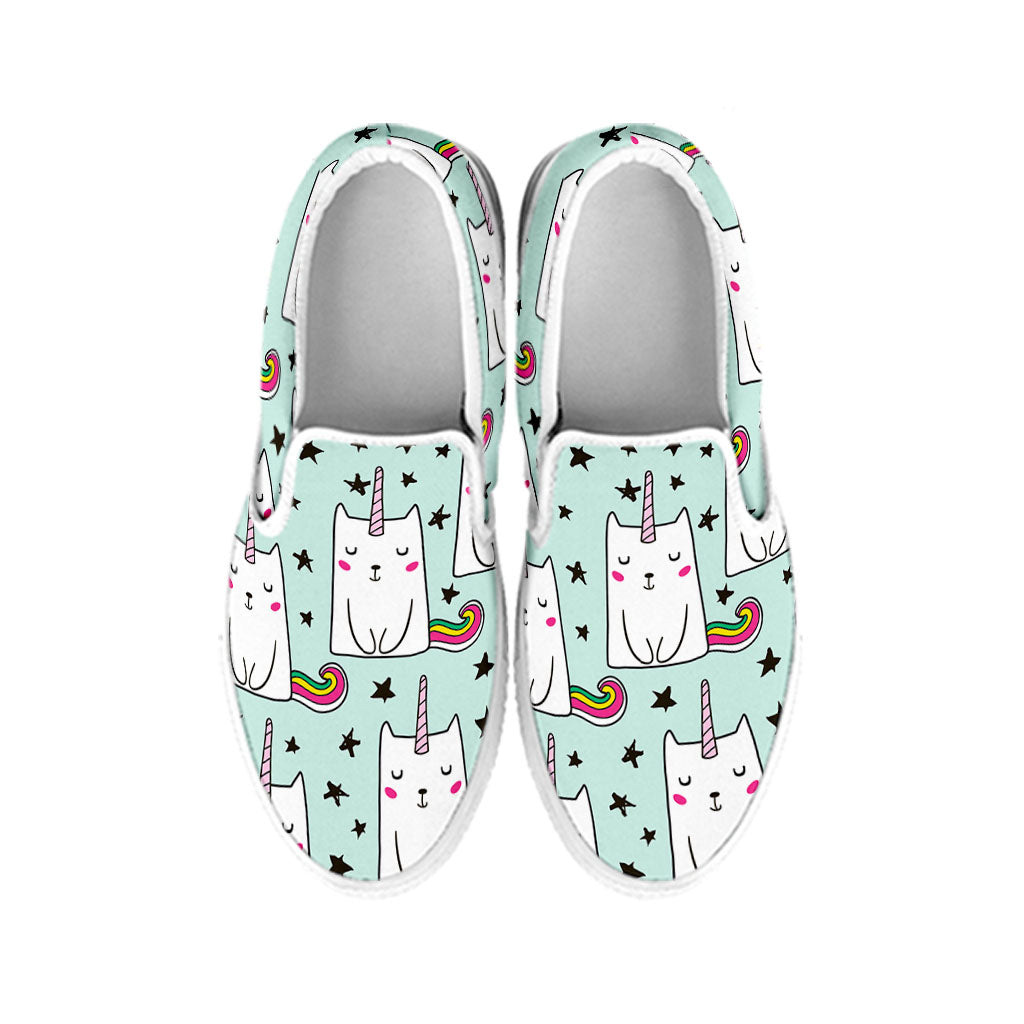 Cute Unicorn Cat Pattern Print White Slip On Sneakers