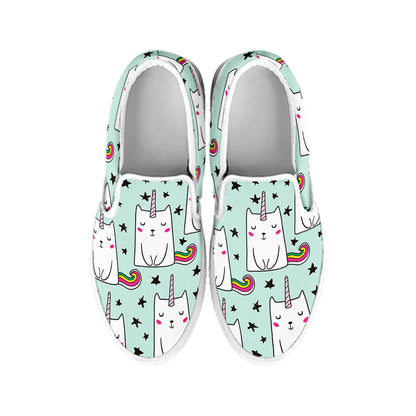 Cute Unicorn Cat Pattern Print White Slip On Sneakers