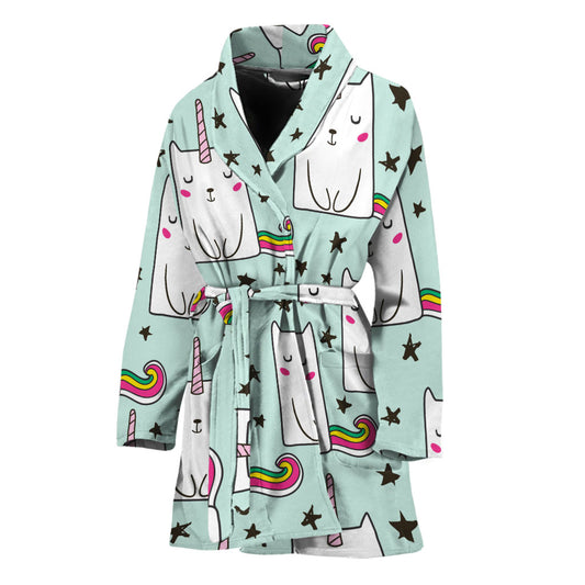 Cute Unicorn Cat Pattern Print Women's Bathrobe