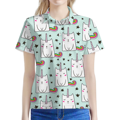 Cute Unicorn Cat Pattern Print Women's Polo Shirt