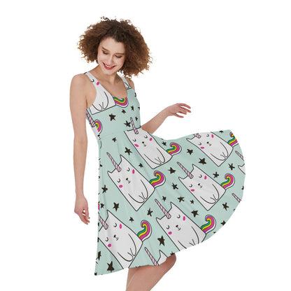 Cute Unicorn Cat Pattern Print Women's Sleeveless Dress