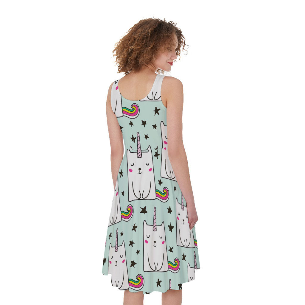 Cute Unicorn Cat Pattern Print Women's Sleeveless Dress