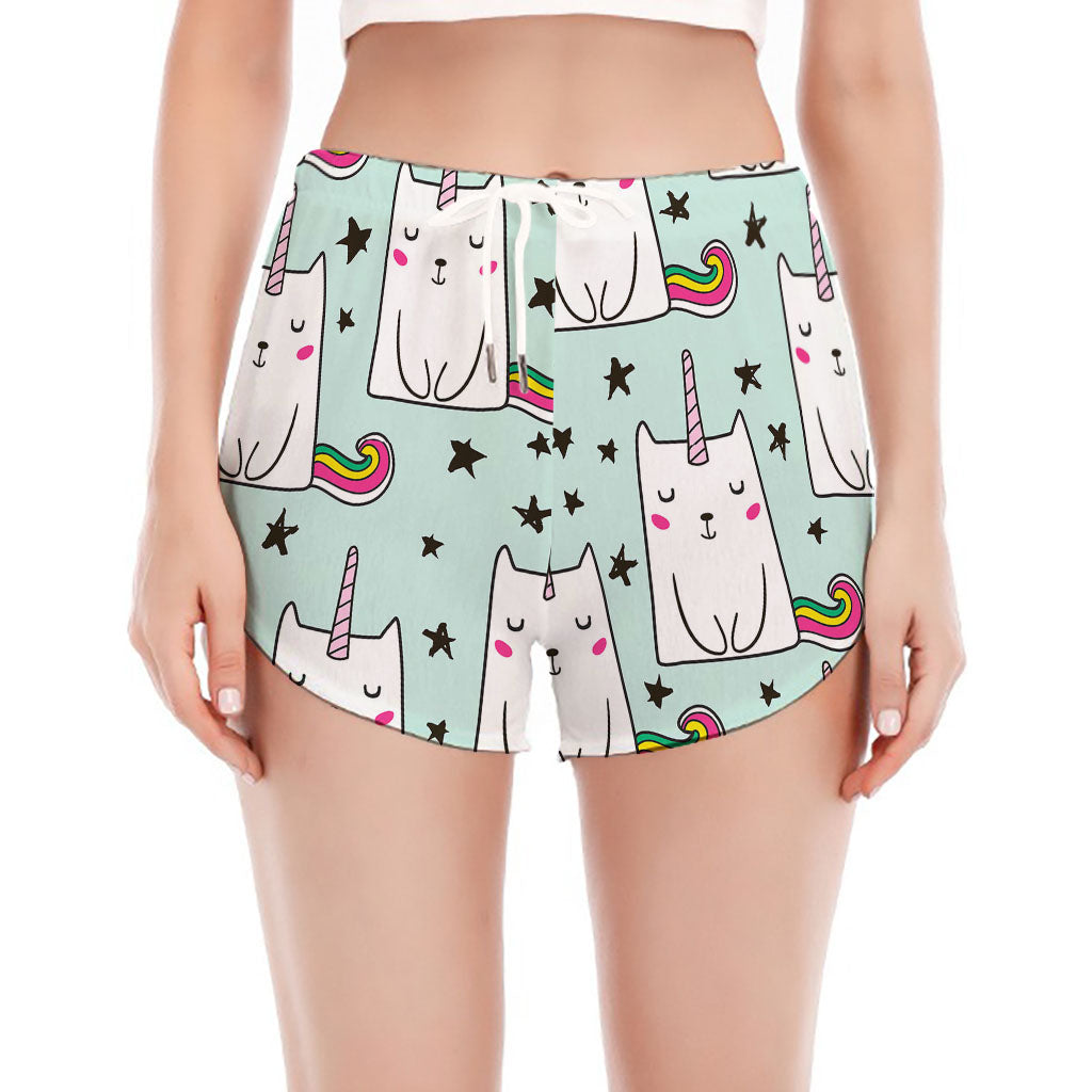 Cute Unicorn Cat Pattern Print Women's Split Running Shorts